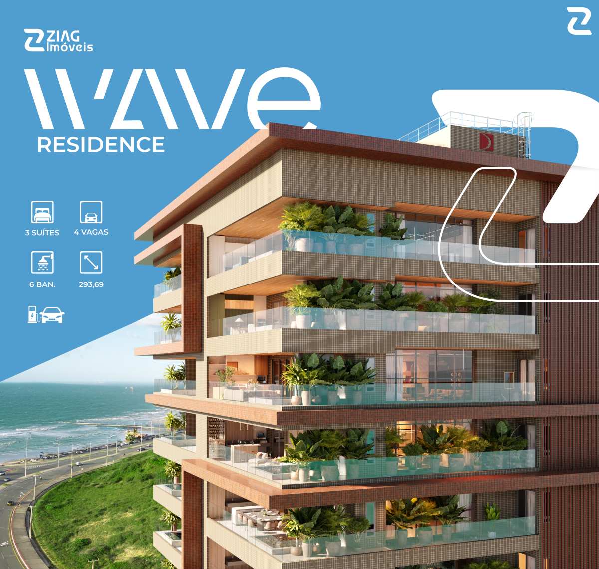 Wave Residence, Apartamento de luxo com 293m², 3 suítes, Rua Grajaú, Ponta do Farol, São Luís/MA - Ziag Imóveis